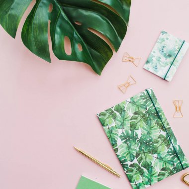 Monstera yaprak, defter, kalem, makas pembe bir arka plan üzerinde tropikal palmiye stiliyle yaptı. Düz yatıyordu, en iyi görünüm çok az kavramı.