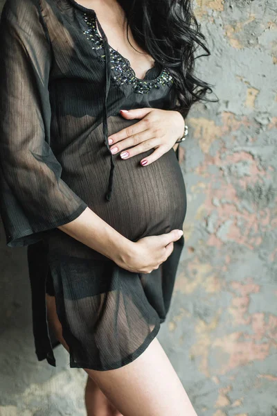 Young Beautiful Pregnant Woman Black Underwear Concrete Wall — Stock Photo, Image