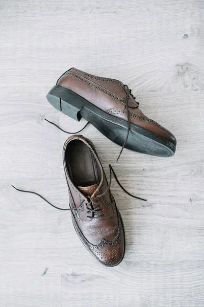 Chaussures Homme Sur Fond Bois Pose Plate Concept Mode Vue — Photo