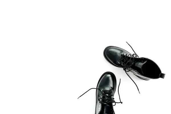 Mujer Moda Plana Laico Concepto Vista Superior Zapatos Negros —  Fotos de Stock