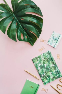 Monstera yaprak, defter, kalem, makas pembe bir arka plan üzerinde tropikal palmiye stiliyle yaptı. Düz yatıyordu, en iyi görünüm çok az kavramı.