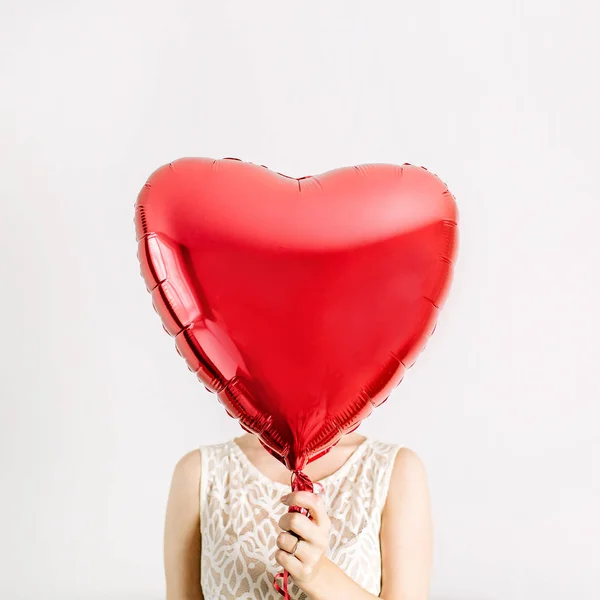 Beauty Girl Holding Red Heart Shape Balloon Love Concept — Stock Photo, Image