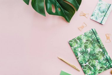 Egzotik tropik monstera palmiye yaprağı ve Ev Ofis Kırtasiye soluk pembe bir arka plan üzerinde. Düz yatıyordu, en iyi görünüm çok az çalışma alanı.