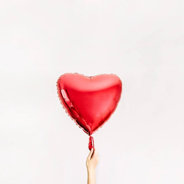 Women Hand Holding Red Heart Shape Balloon Love Concept — Stock Photo, Image
