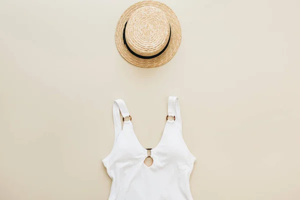 Flat Lay Summer Fashion Composition Women Swimsuit Straw Pastel Beige — Stock Photo, Image