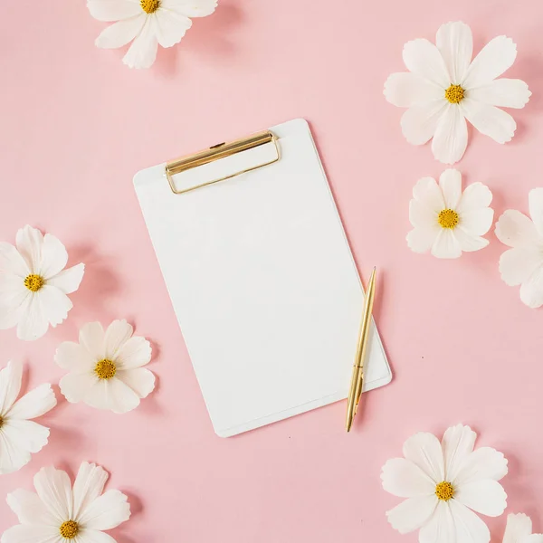Minimaal Vormgegeven Concept Witte Madeliefje Kamille Bloemen Lichtroze Achtergrond Met — Stockfoto