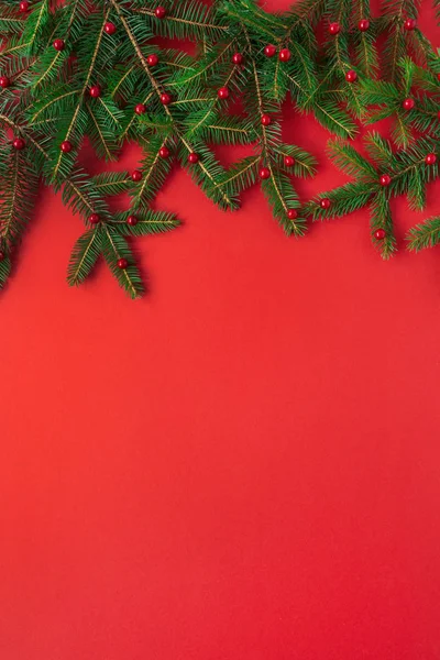 Karácsony Újév Kompozíció Fenyőfa Ágak Piros Bogyókkal Vörös Háttéren Flat — Stock Fotó
