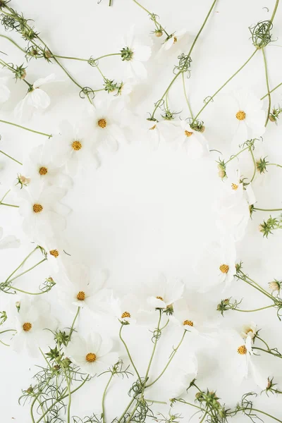 ミニマルなコンセプト 白い背景に白いデイジーカモミールの花で作られたリース 創造的なライフスタイル 春のコンセプト コピースペース フラットレイアウト トップビュー — ストック写真