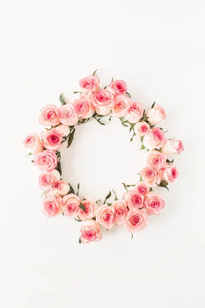 Borda Armação Redonda Botões Flor Rosa Rosa Fundo Branco Espaço — Fotografia de Stock