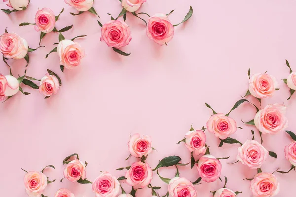 Composição Floral Com Botões Flores Rosa Rosa Fundo Rosa Deitado — Fotografia de Stock