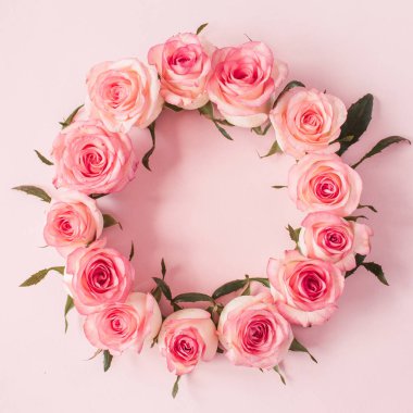 Pembe arka planda pembe gül tomurcuklarının yuvarlak çerçeve sınırı. Boş fotokopi alanı oluştur. Düz konum, üst görünüm çiçek kompozisyonu.