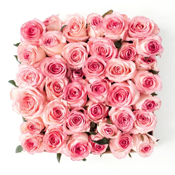 Roze Roos Bloemknoppen Bladeren Witte Achtergrond Platte Lay Bovenaanzicht Creatieve — Stockfoto