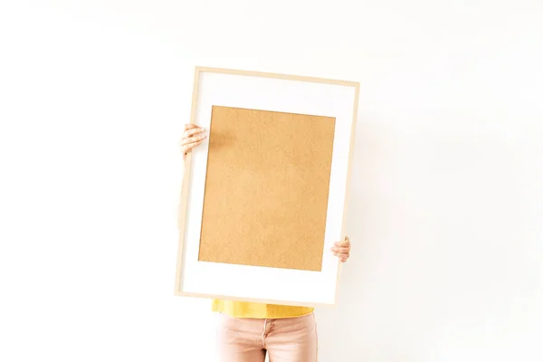 Young Pretty Woman Hold Blank Photo Frame Empty Mockup Copy — Stock Photo, Image