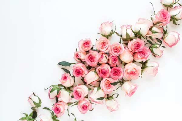 Floral Σύνθεση Ροζ Τριαντάφυλλο Μπουμπούκια Λουλουδιών Λευκό Φόντο Επίπεδο Lay — Φωτογραφία Αρχείου