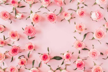 Düz çerçeve kenarlığı, pembe arka planda pembe gül tomurcuklarından yapılmış boş bir kopya alanı modeli. Üst görünüm çiçek kavramı.