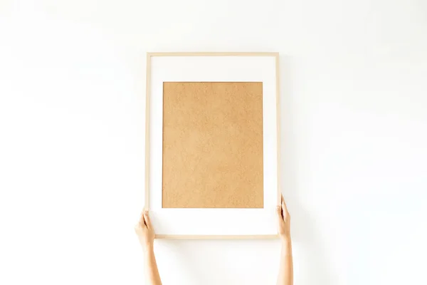 Blank Photo Frame Empty Mockup Copy Space Women Hands Minimal — Stock Photo, Image