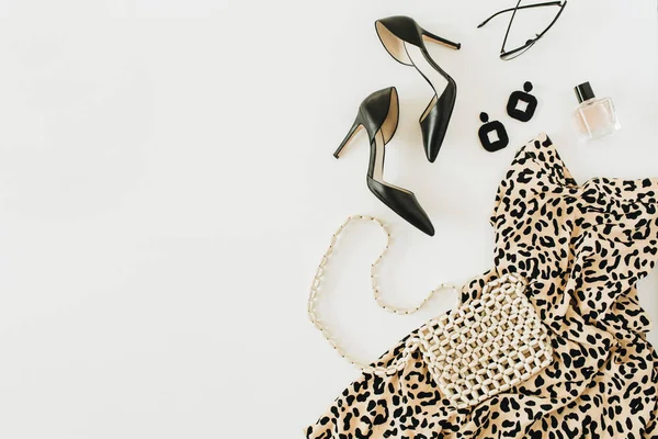 Сучасний Модний Колаж Жіночим Одягом Аксесуарами Леопардова Сукня Друку Туфлі — стокове фото