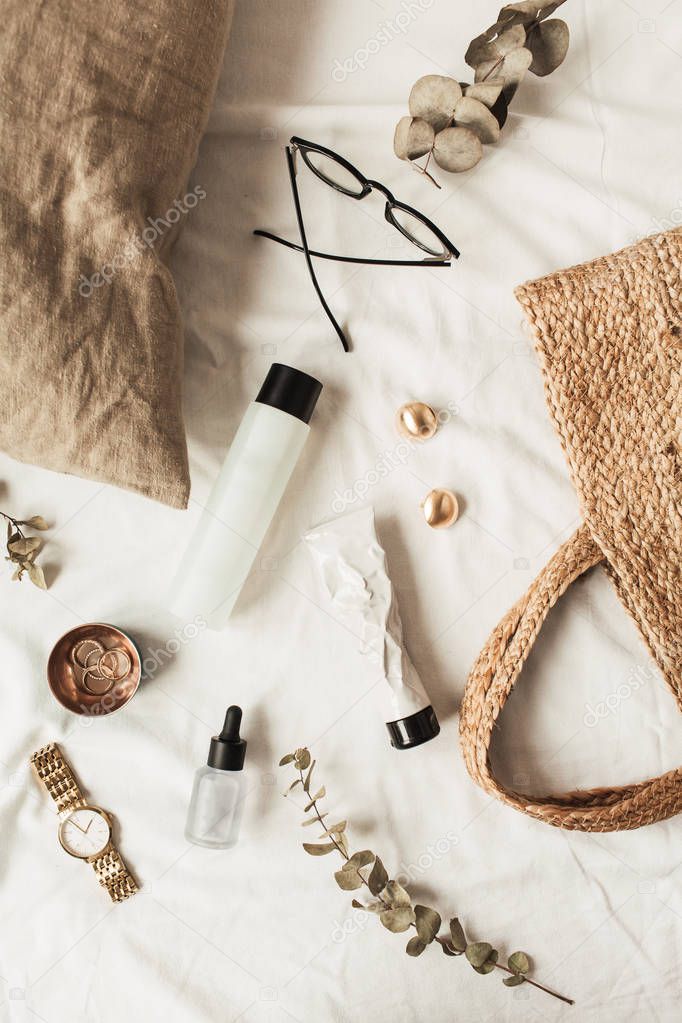 Beauty fashion collage with women accessories and cosmetics on white linen. Flat lay, top view modern concept with healthy body care products. Social media, website, blog.