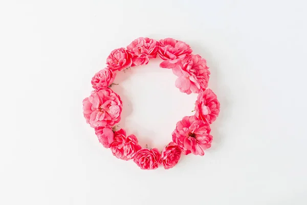 Wreath Frame Border Made Pink Rose Flowers Flat Lay Top — 스톡 사진