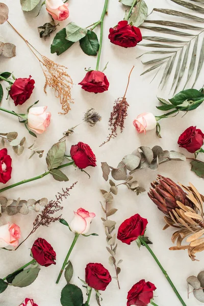 Platt Låg Röda Rosa Ros Blommor Ovanifrån Blommig Konsistens — Stockfoto