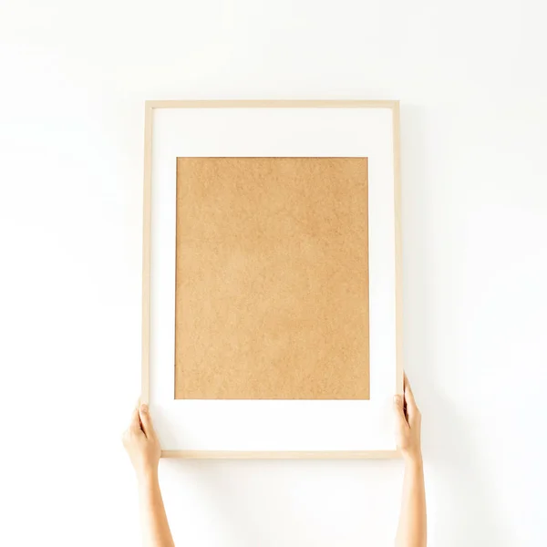 Blank Photo Frame Empty Mockup Copy Space Women Hands Minimal — Stock Photo, Image