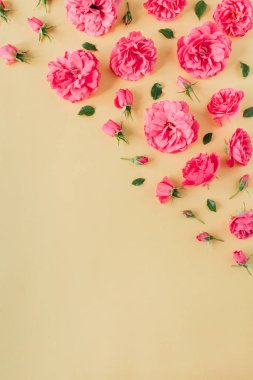 Sarı arka planda pembe gül çiçekleri var. Düz yatıyordu. Sevgililer Günü kompozisyonu.