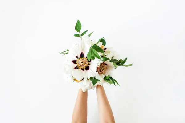 Manos Mujer Sosteniendo Flores Peonías Blancas Sobre Fondo Blanco Asiento — Foto de Stock