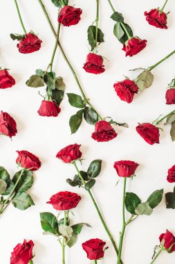 Beyaz arka planda kırmızı gül desenli çiçek kompozisyonu. Flatlay, üst görünüm.