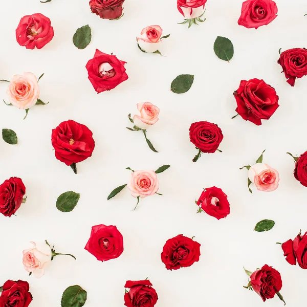 Florale Komposition Mit Roten Rosafarbenen Blütenknospen Und Blättermuster Auf Weißem — Stockfoto
