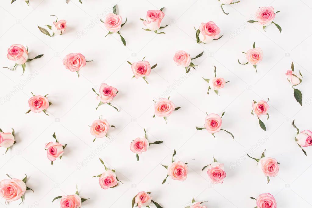 Floral composition with pink rose flower buds and leaves pattern texture on white background. Flatlay, top view.
