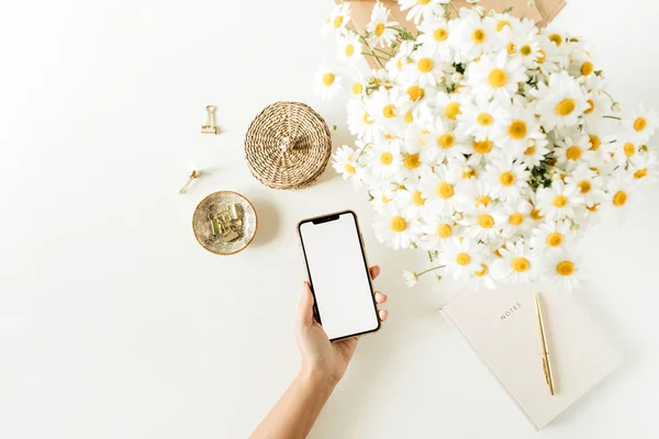 Female Hand Hold Smartphone Blank Screen Home Office Desk Workspace — Stock Photo, Image