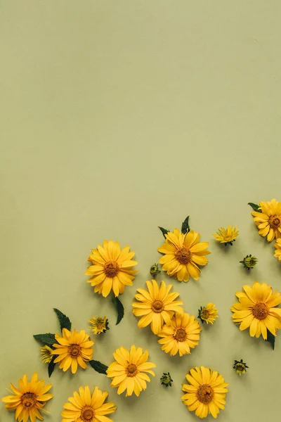 Цветочная Композиция Желтыми Цветочными Бутонами Flatlay Вид Сверху — стоковое фото