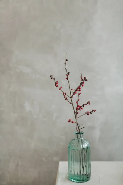 Κόκκινο Κλαδί Μούρα Γυάλινο Βάζο Μπροστά Από Τσιμεντένιο Τοίχο Φόντο — Φωτογραφία Αρχείου
