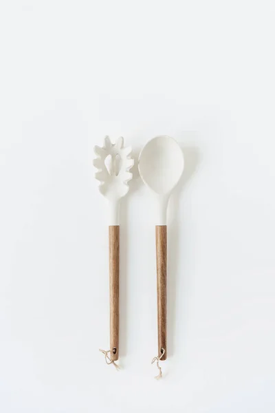 Salad Serving Utensils Set Wooden Spoon Fork White Background Minimal — Stock Photo, Image