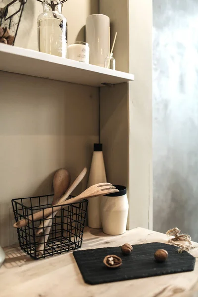 Modernes Raumkonzept Für Die Küche Kochgeschirr Boho Stil Brett Holzgabel — Stockfoto