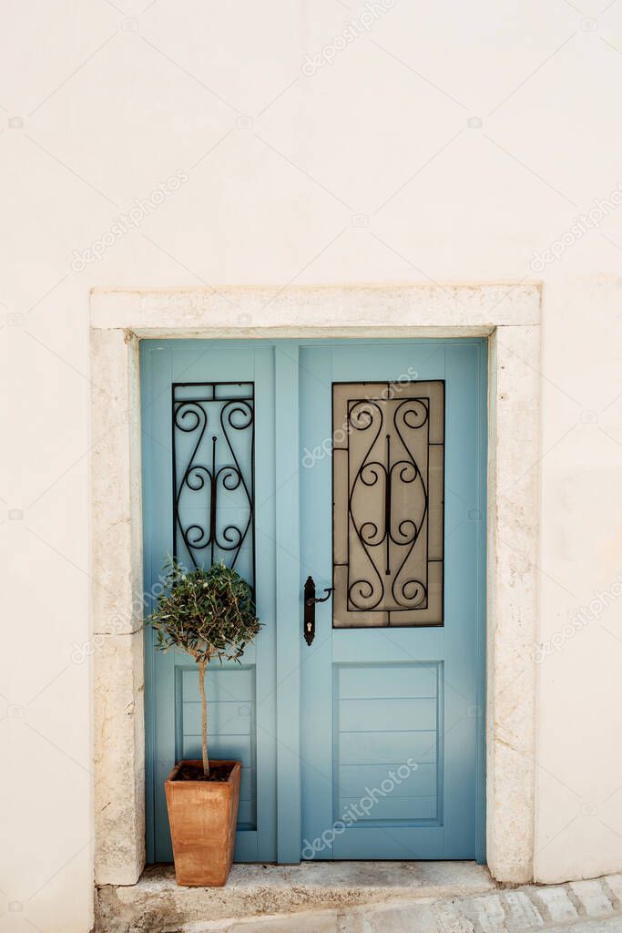 Typical European house. Old blue carving door, white wall, green plant in square terra-cotta pot. 