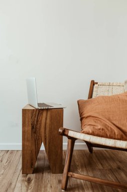 Modern iç tasarım konsepti. Şık bir ahşap sandalye, ekose örgü, zencefil yastığı. Bilgisayarlı ofis çalışma alanı.