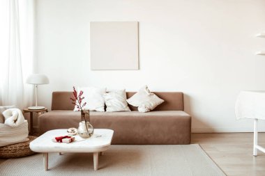 Modern iç tasarım. Rahat kanepe, sehpa, çiçekler, tablolar ve beyaz duvarlarla dekore edilmiş şık bir oturma odası. Kiralık minimalist bir daire.