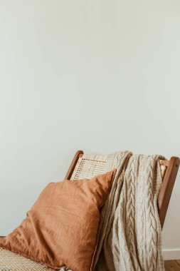 Modern iç tasarım konsepti. Şık bir ahşap sandalye, ekose örgü, zencefil yastığı. Rahat mobilyalar..