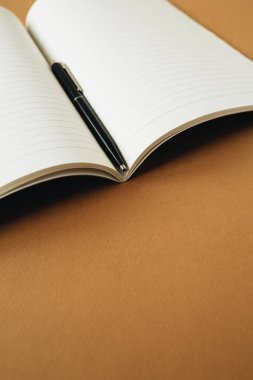 Zencefilli turuncu arka planda kalemle birlikte defteri aç.