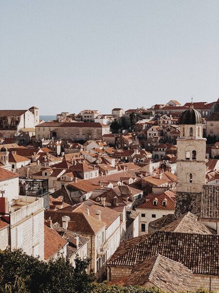 Top view of red roofs of Dubrovnik, Croatia, Europe. Travel concept. Old town with vintage buildings. 