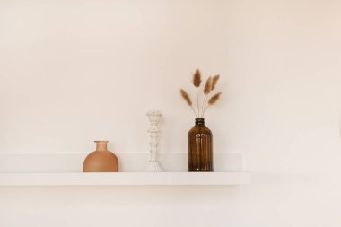 Beyaz duvarda beyaz bir raf, içinde şişe, vazo, kabarık ponpon bitkileri, şamdan. Asgari modern iç tasarım kavramı.