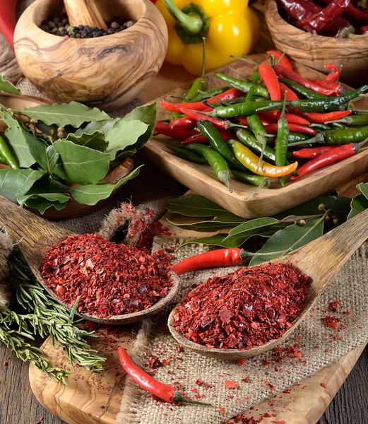 red ground pepper in wooden spoons on wooden background