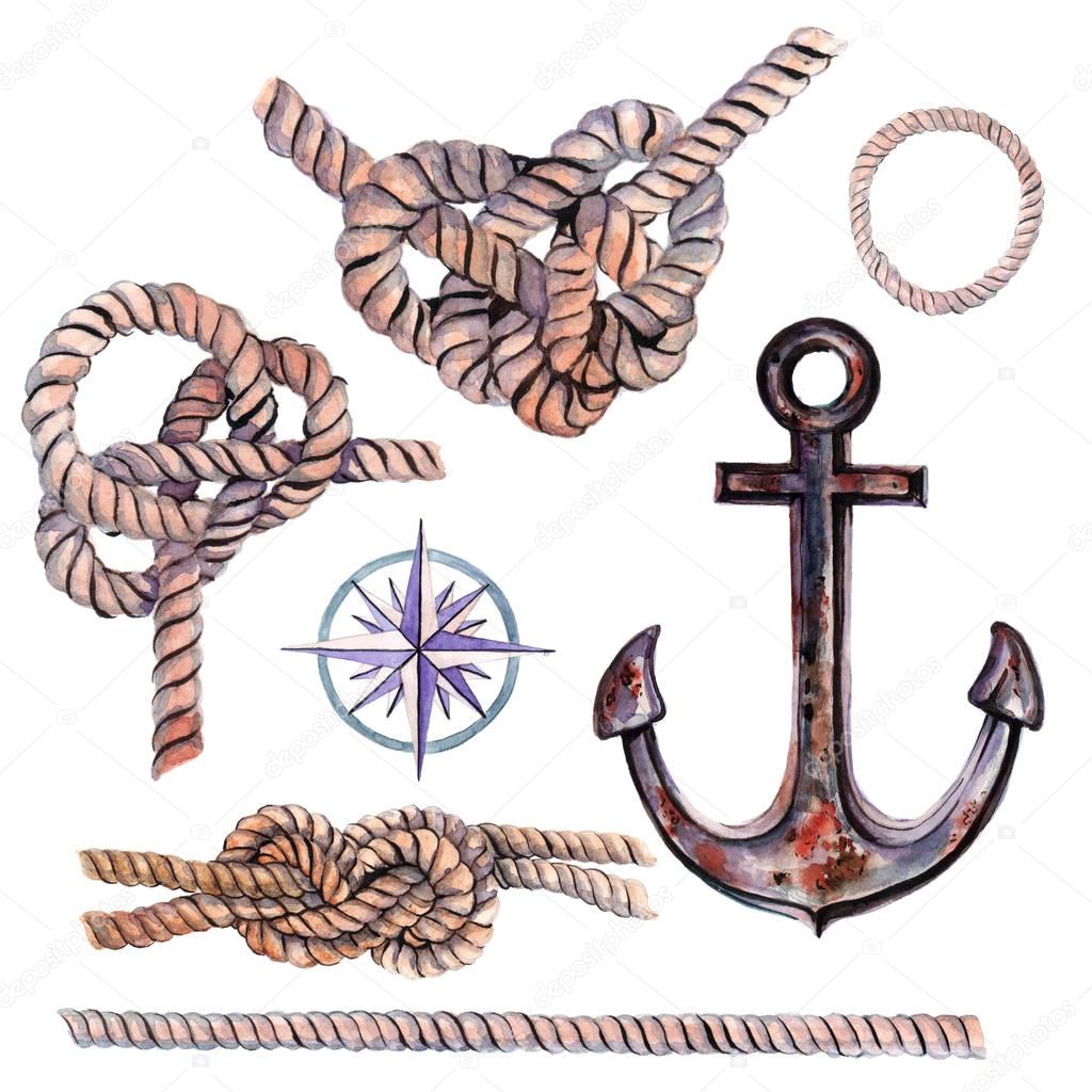 Marine set of elements for your design from the anchor, steering wheel and sea knots.