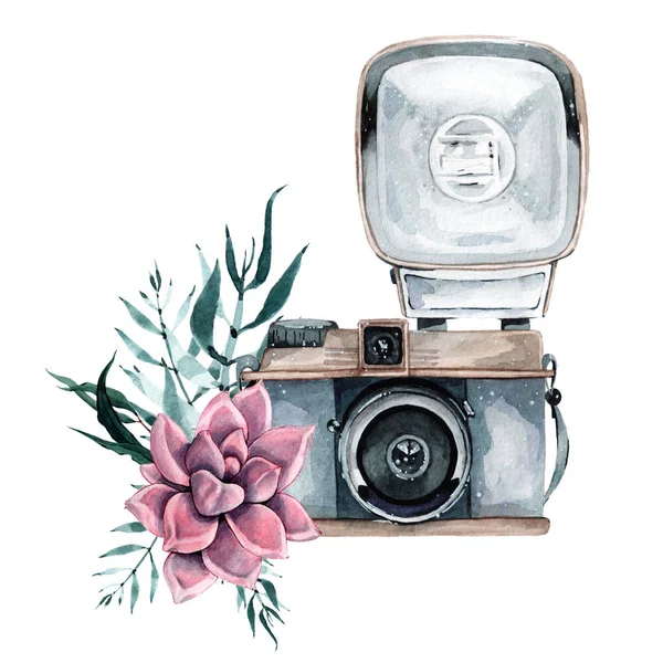 Vintage cámara de acuarela retro. Perfecto para logo de fotografía —  Fotos de Stock