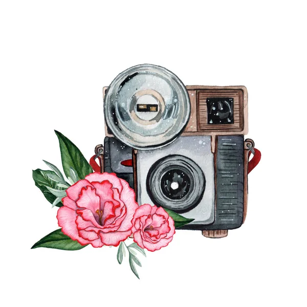 Vintage cámara de acuarela retro. Perfecto para logo de fotografía —  Fotos de Stock