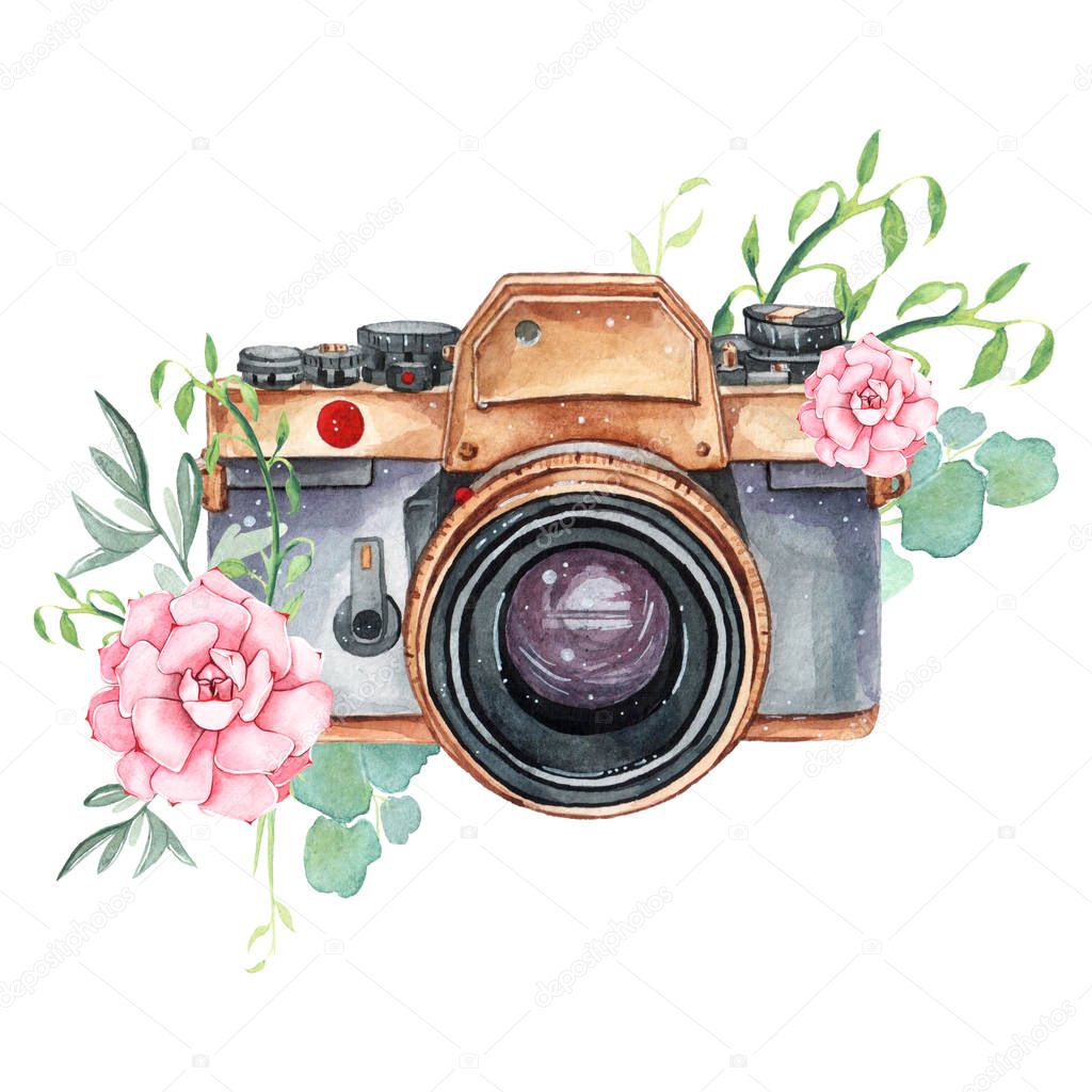 Vintage retro watercolor camera. Perfect for photography logo