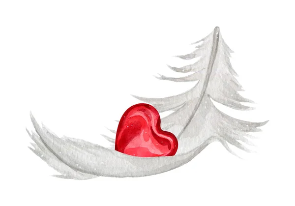 赤いハートの柔らかい白い羽の水彩イラスト — ストック写真