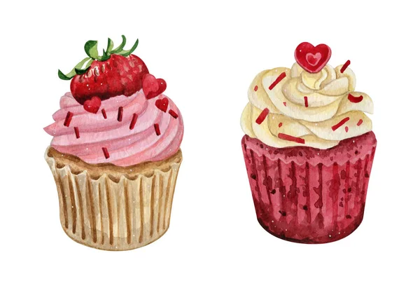 Aquarell Illustration von süßen und leckeren Cupcakes mit Sahne leckeres Essen Illustration. — Stockfoto