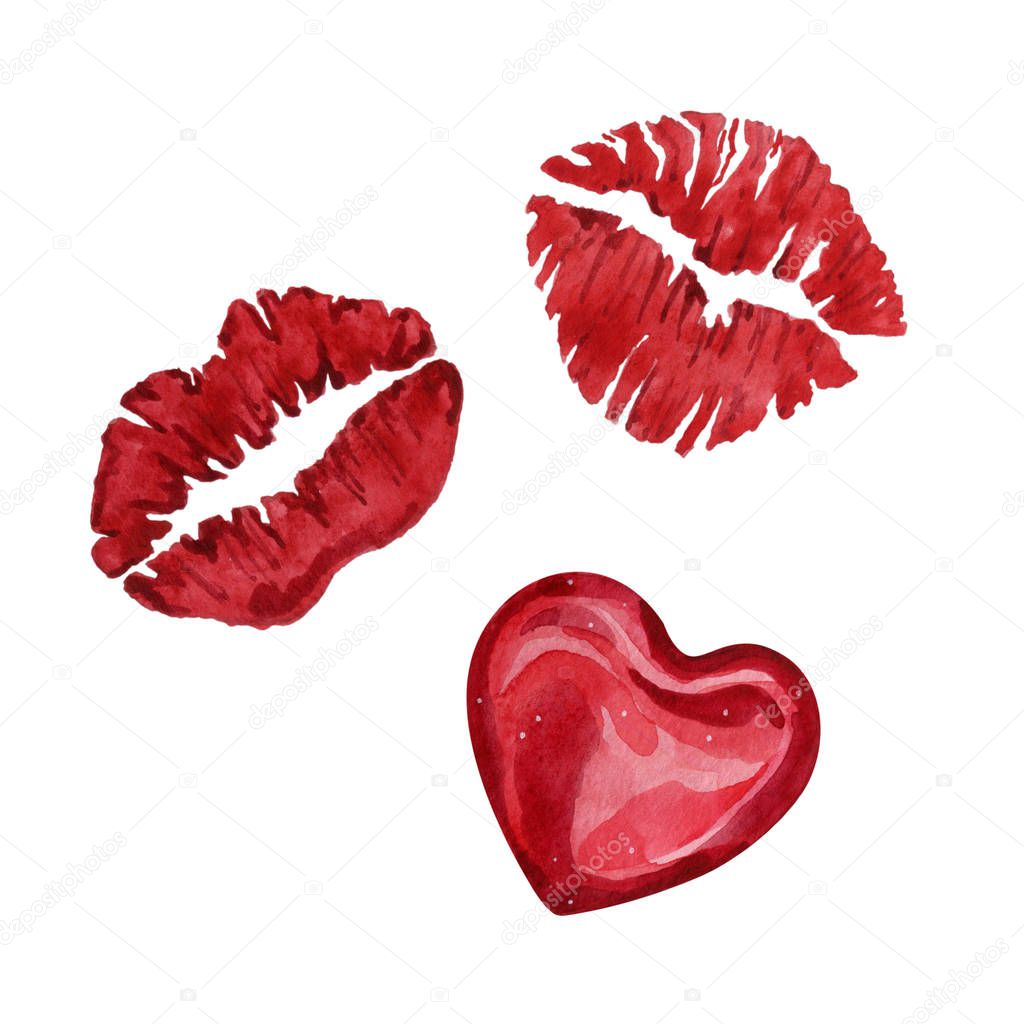 Watercolor illustration of kisses with red lipstick for Valentines day